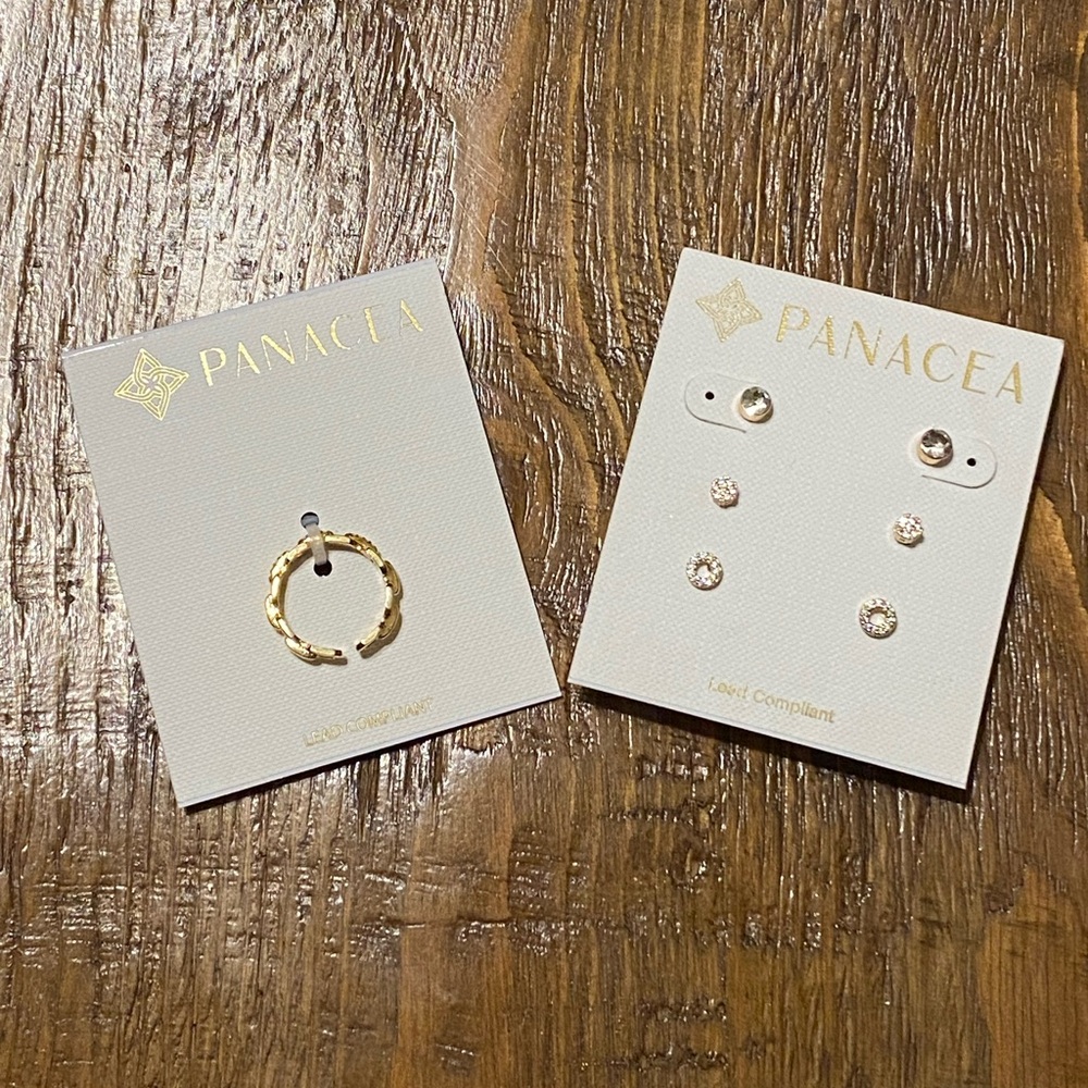 Panacea Gold Tone Stud Earring Set of 3 & Size 8 Ring